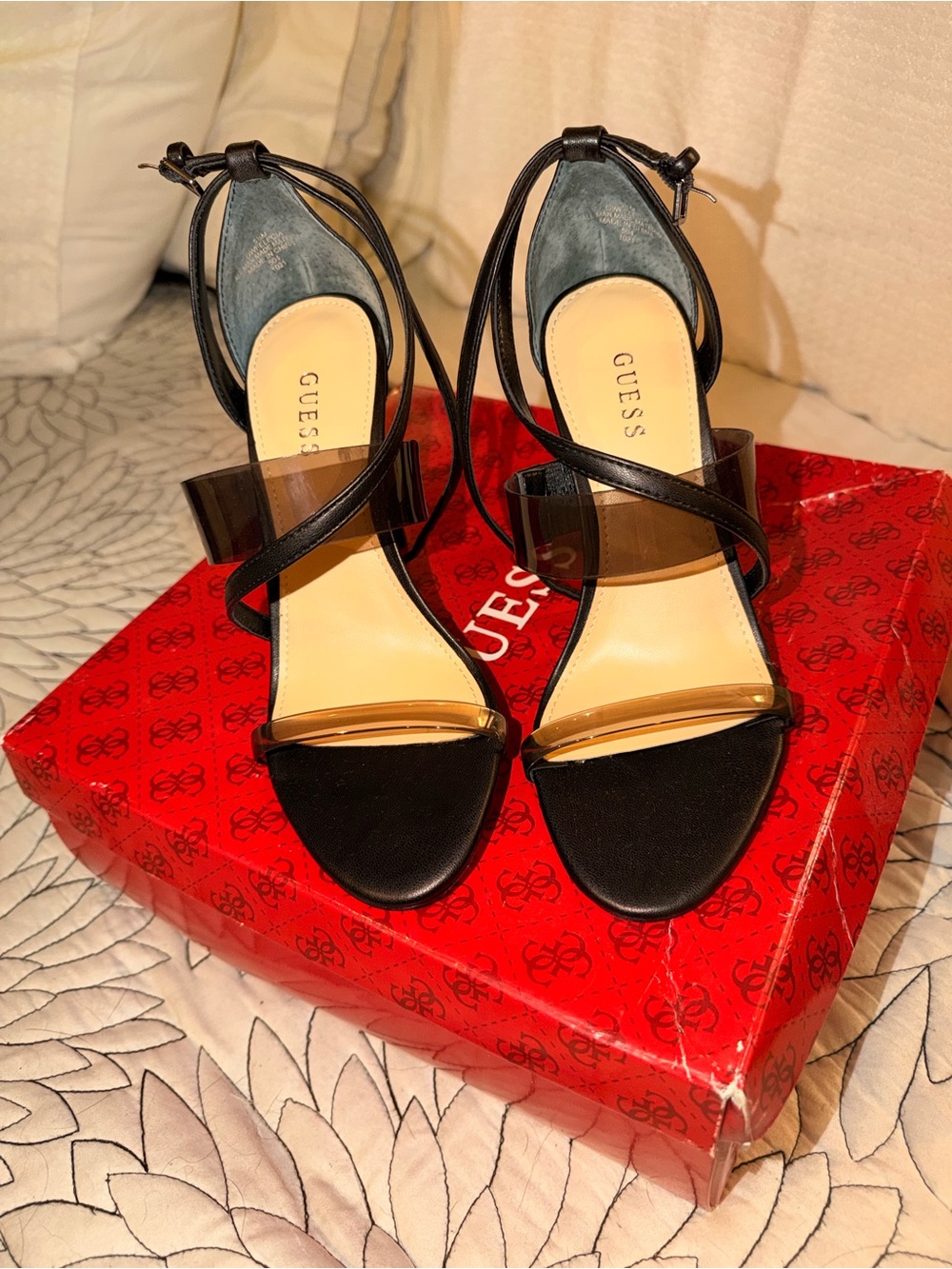 GUESS Black Ankle-Tie Heels with Clear Strap